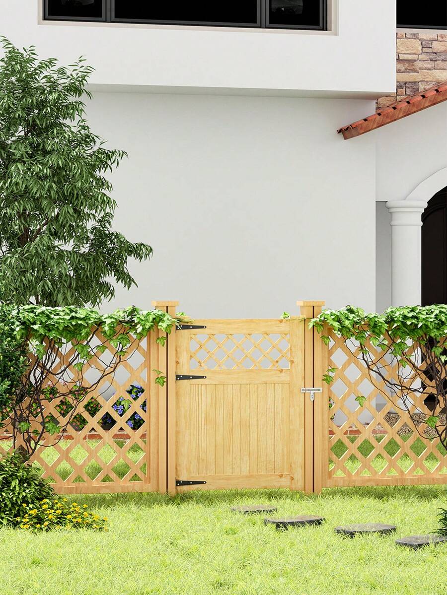 LIVINGANDHOME Living And Home Diyspace Premium Rhombus Wooden Garden Gate - Rustic Slatted Design With Lattice Top (90cm Wide, 4 Height Options) - Natural 90cm W X 2.3cm D X 120cm H - View 1