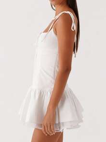 Women's Tie Shoulder Corset Dress Spaghetti Strap Front Tie Layered Ruffle Cocktail Party Mini Dress - White - View 4