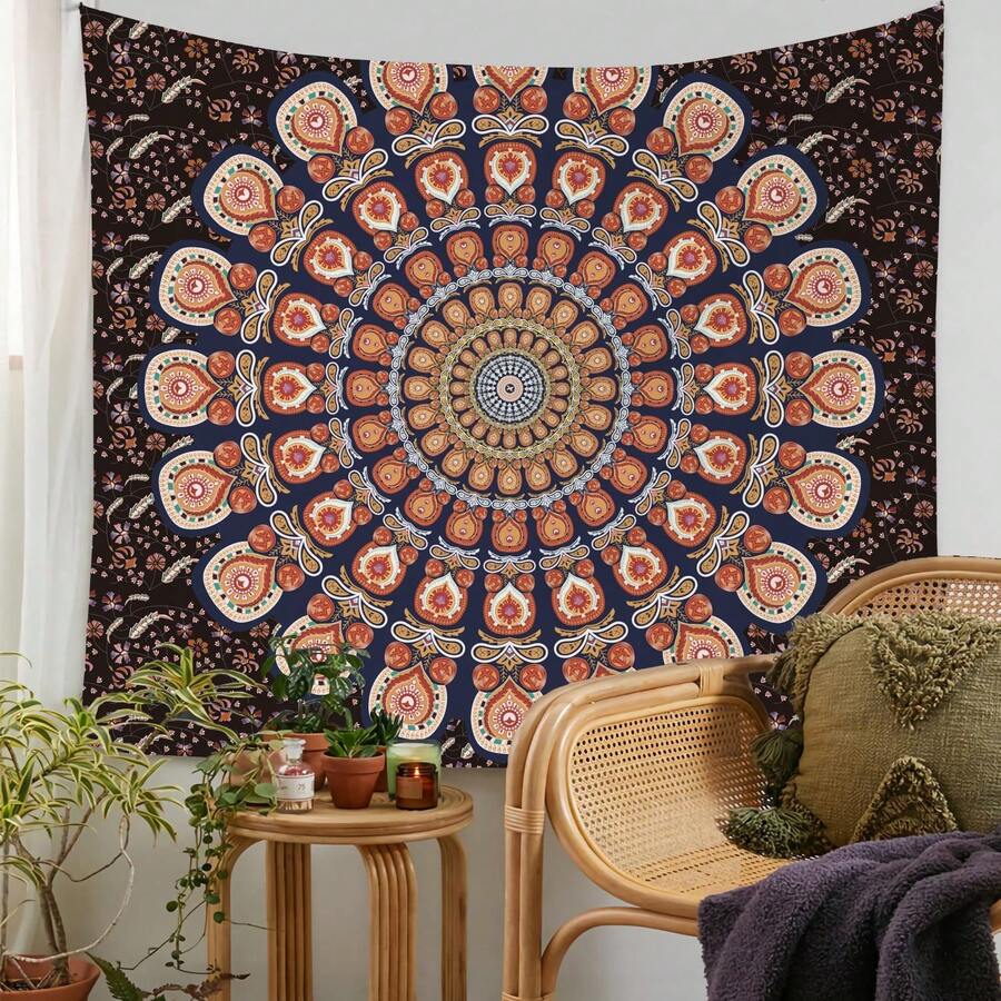 Boho Mandala Wandteppich, Hippie Wandteppich, Pfau Boho Wandbehang Dekorationen, Pfirsich Samt bedruckter Stoff Kunst für Schlafzimmer Wand, 90 g/m² - Mandala 30 - Übersicht 1