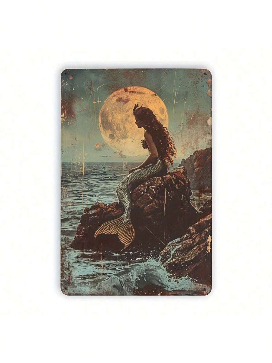 1pc Vintage Mermaid RustProof Iron Metal Tin Sign  8x12 , Durable Wall Art For Home, Office, Bar, Cafe & Garage Decor - Multicolor - View 1