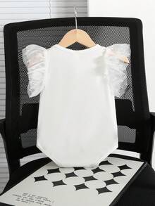 Infant Baby Girls' Summer Cute Colorblock Bow Decor Polka Dot Mesh Ruffled Cap Sleeve Knit Bodysuit - White - View 2