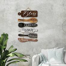 Juego de 6 placas de madera rústicas para colgar en la pared de la cocina, decoración del hogar, estilo granja "Bendice la comida", decoración de restaurante y cocina - Multicolor - Ver 3