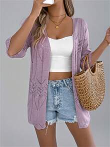 Women Beach Lace Crochet Short Sleeve Knit Cardigan Cover Up Solid Summer Vacation Boho Lightweight - 淡紫色 - 查看 5