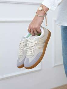 Women's Sneakers, Straight Sole, Gym, Golden Leather, Comfortable Fashion, Striped, 2 Stripes - Vàng - Xem 6