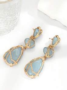 全新波西米亚风树脂宝石长款吊坠耳环 女士轻奢合金网状耳环 几何吊坠耳环 - 藍色 - 查看 2