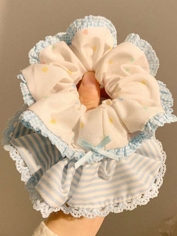 1pc Blue Bowknot Lace Trim Hair Scrunchie, Korean Style Large Messy Bun Hair Tie, Polyester Scrunchies Scrunchy Hair Ties