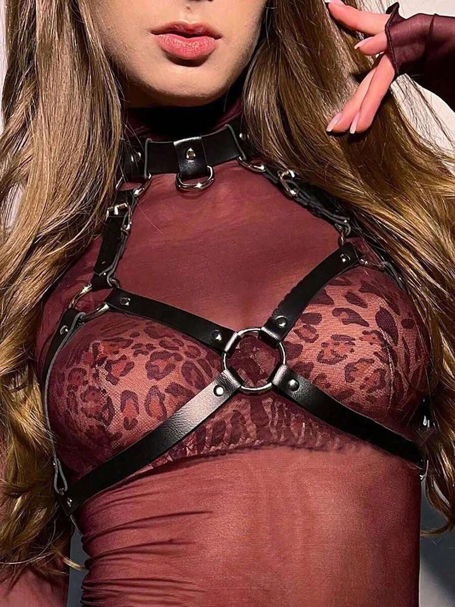 1pc Women's Steampunk Style PU Leather Chest Harness Halter Waist& Body Bondage Accessory, Sexy Restraint Belt For Gothic Cosplay Costume, Masquerade Ball, Halloween, Music Festival - Black - View 1