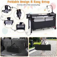 5 In 1 Baby Travel Cot, Folding Infant Crib With Mattress, Diaper Changer, Music Box, Hanging Toys & Basket, Height Adjustable Bedside Sleeper For Newborn (Black)
