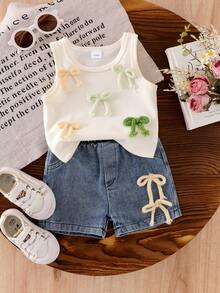 2pcs/Set Baby Girl Minimalist Sleeveless Top With 3D Bow Decor & 3D Bow Detail Denim Shorts Set, Summer - Apricot - View 2