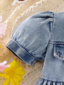 Baby Girl Simple Elegant Denim Button-Up Collared Puff Sleeve Dress - Medium Wash - View 6