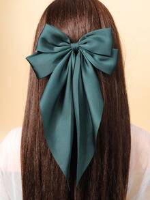 1pc Solid Color Satin Hair Clip With Satin Ribbon Bow, Versatile Hair Accessory For Women Claw Clips Hair Claws Hair Barrettes - Dark Green - View 1
