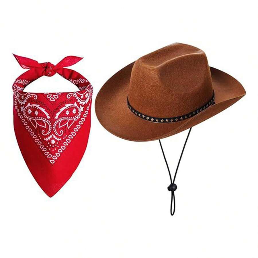 2 Pcs Western Cowboy Costume Set Including Cowgirl Hat And Bandana ,Cowboy Cowgirl Hat For Boys And Girls Classic Roll Up Brim Fedora Cowgirl Hat Western Cowboy Hat,Suitable For  Festival Dress - Màu nâu Sô-cô-la - Xem 1
