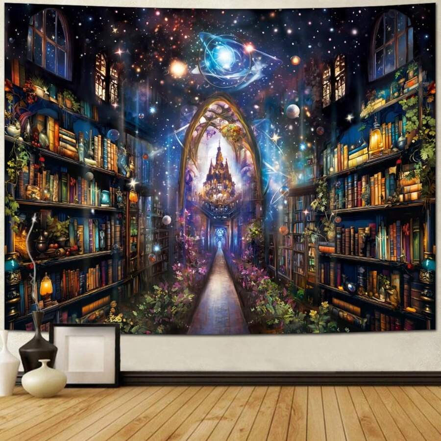 Mysterious Bookshelf Tapestry Galaxy Space Library Tapestry Fantasy Landscape Vintage Aesthetic Tapestries Book Decoration Wall Hanging Decor For Bedroom Home Home Decoration For Bedroom,Living Room,Dorm - Mysterious Bookshelf - View 1