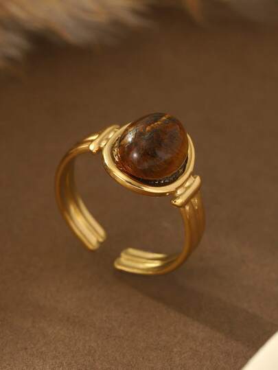 Cring Coco 1 Chiếc nhẫn thép không gỉ hình bầu dục màu nâu sang trọng cổ điển thanh lịch dành cho nữ, thích hợp để đeo hàng ngày, thích hợp làm nhẫn cưới