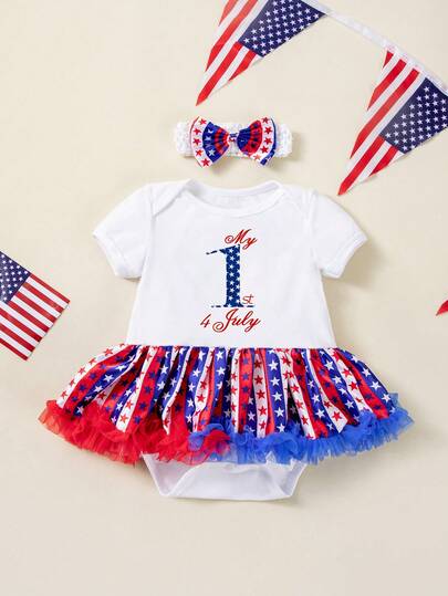 2pcs Independence Day Baby Bodysuit Dress Party Outfit - Print Letter Short Sleeve Bodysuit Dress & Headband Set, Satin Star Splice Hem Baby Girl Dress