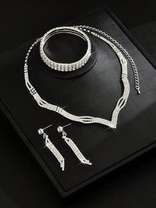 4 件女士几何设计首饰套装 - 项链、耳环、手链，适合派对、婚礼、感恩节 - 銀色 - 查看 3