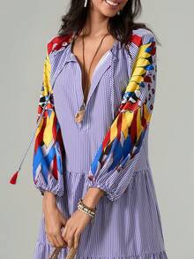 Boho Floral Puff Sleeve Maxi Dress For Women Loose Fit Bohemian Flowy Tiered Long Dress Graffiti Summer Wear - 藍色 - 查看 9