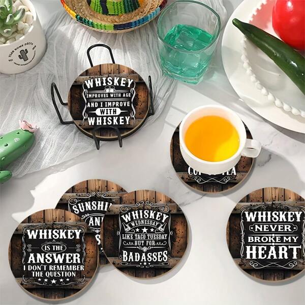 6 Stücke Whiskey-thematisches Holz-Untersetzer-Set - hitzebeständig, rutschfeste Untersetzer, geeignet für Zuhause, Büro und als Partygeschenk, 10 cm/3,9 Zoll, Geschenkidee zum Vatertag
