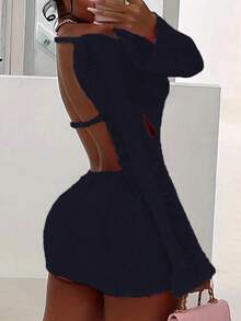Summer Sexy Hollow Out Bodycon Bcakless Mini Dresses Club Outfit For Women Long Sleeve Knit Short Dress Female - 黑色 - 查看 4