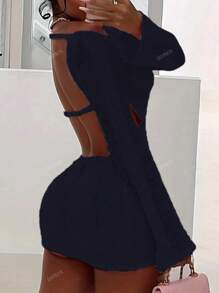 Summer Sexy Hollow Out Bodycon Bcakless Mini Dresses Club Outfit For Women Long Sleeve Knit Short Dress Female
