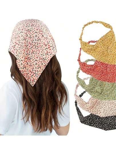 1/5件装波西米亚风花卉发带 - 雪纺弹力三角头巾，适合女性和女孩 - 时尚发饰，适合各种场合，可作头巾、发带、吸汗带、发箍，秋冬季发带，适合女性度假装扮，优雅围巾，柔软头巾