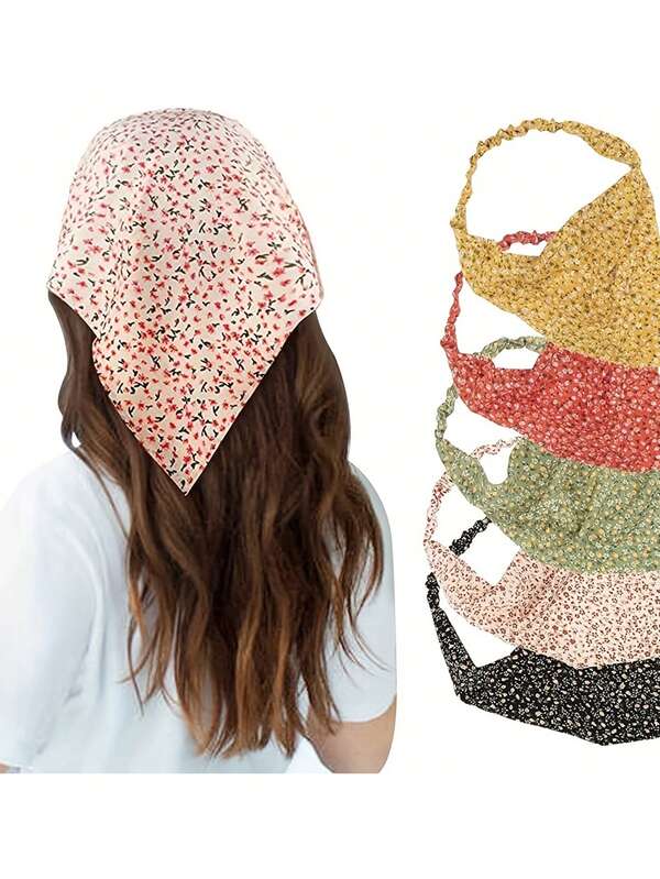 1/5 قطعة شريط رأس بوهيمي مزخرف بالزهور - شريط رأس مثلث مرن من الشيفون، مناسب للنساء والفتيات - إكسسوار شعر عصري لأي مناسبة، عمامة، شريط رأس، شريط امتصاص العرق، شريط شعر لفصلي الخريف والشتاء، إكسسوارات شعر للنساء لملابس العطلات، وشاح أنيق للمرأة