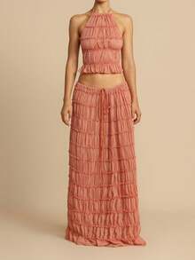 Two Piece Maxi Skirt Sets For Women Summer Backless Halter Beach Cami Top Long Skirt Going Out Set 2 Piece Outfits - 藕粉色 - 查看 1