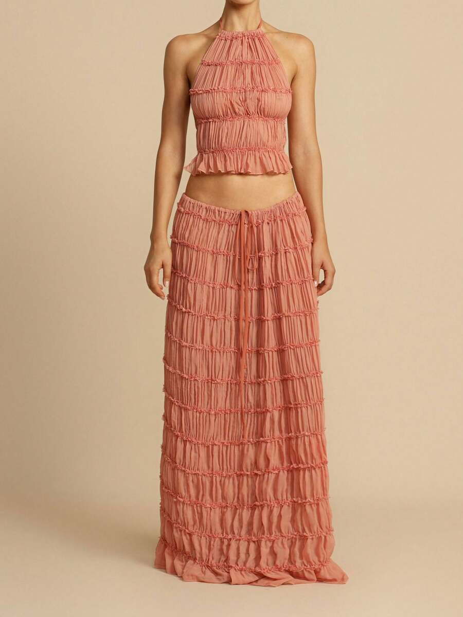 Two Piece Maxi Skirt Sets For Women Summer Backless Halter Beach Cami Top Long Skirt Going Out Set 2 Piece Outfits - 藕粉色 - 查看 1