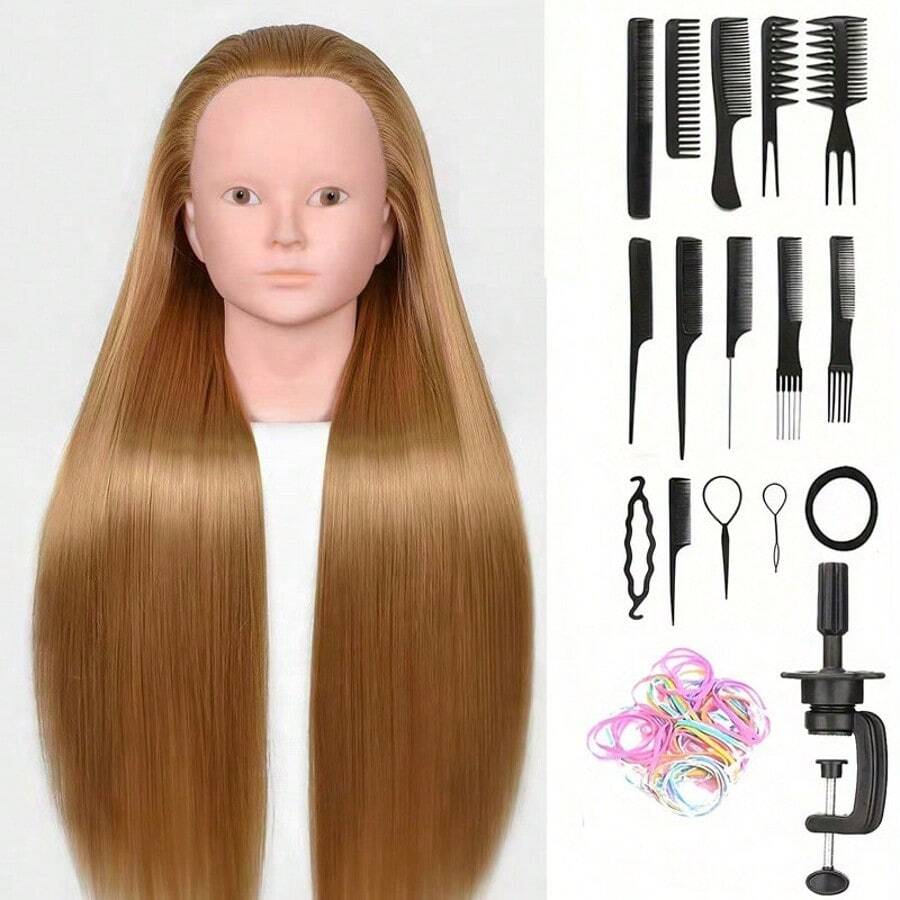 Cabeza maniquí de 24 pulgadas, muñeca maniquí de práctica para cosmetología y maquillaje con pelo, cabeza de peinado para trenzar y peinar con pinza de mesa + kit de peinado DIY - Multicolor - Ver 1