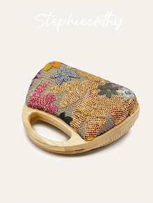 STEPHIECATHY Women's Fashion Wood Handle Straw Woven Handbag Luxury Random Floral Pattern Sequined Top-Handle Clutch Bag Magnet Closure Long Chain Purse Elegant Portable Date Wedding Vacation Summer Travel, Perfectly Matching With Vacation Outfits Women