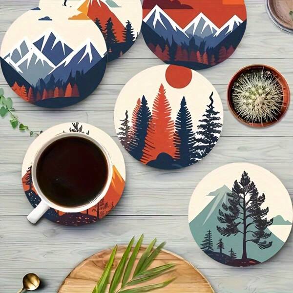 6 Stücke/Set Holz Untersetzer im nordischen Wald- und Schneeberg-Stil, geeignet für Getränke, Kaffee- und Teetassen, Heimdekoration und Essdekor, ideal als Geschenk zu Feiertagen
