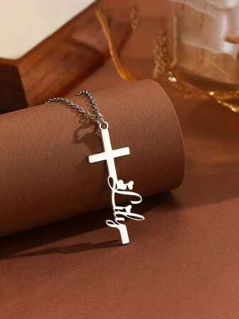 Collar con colgante de cruz de acero inoxidable personalizado con nombre personalizado y corazón, elegante joyería de fe cristiana, regalo de oración unisex