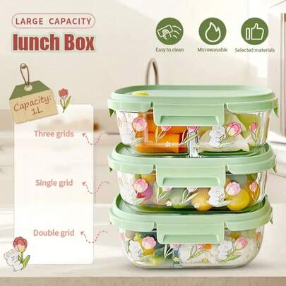 1 pieza Recipiente de preparación de comida de vidrio High Borosilicate con tapa y divisor, adecuado para calentamiento o refrigeración en microondas, ideal para estudiantes, trabajadores de oficina, postres, frutas, etc.