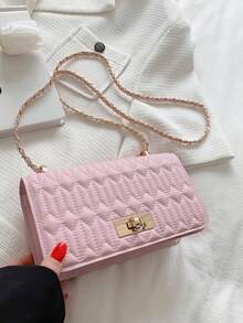Bolso de hombro cruzado cuadrado de piel de imitación de unicolor con cierre de giro, nueva moda mini - Rosa - Ver 7