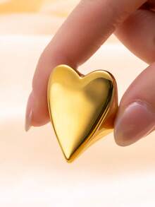 1 件时尚夸张老钱风格不锈钢心形戒指，适合女性日常装扮、节日、约会、礼物