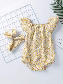 2pcs/Set Infant Girls' Cute Floral Print Sleeveless Bodysuit & Hair Accessory Set, Summer - Yellow - View 1