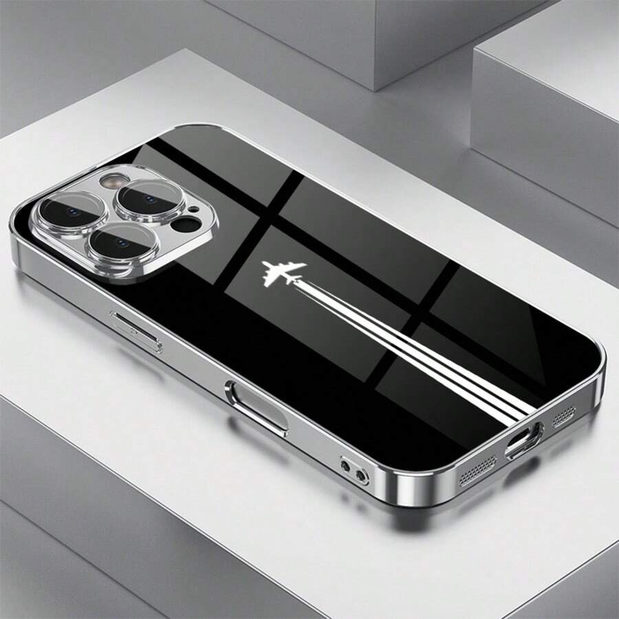 1个飞机起飞图案玻璃材质手机壳，兼容 - 銀 - 查看 1