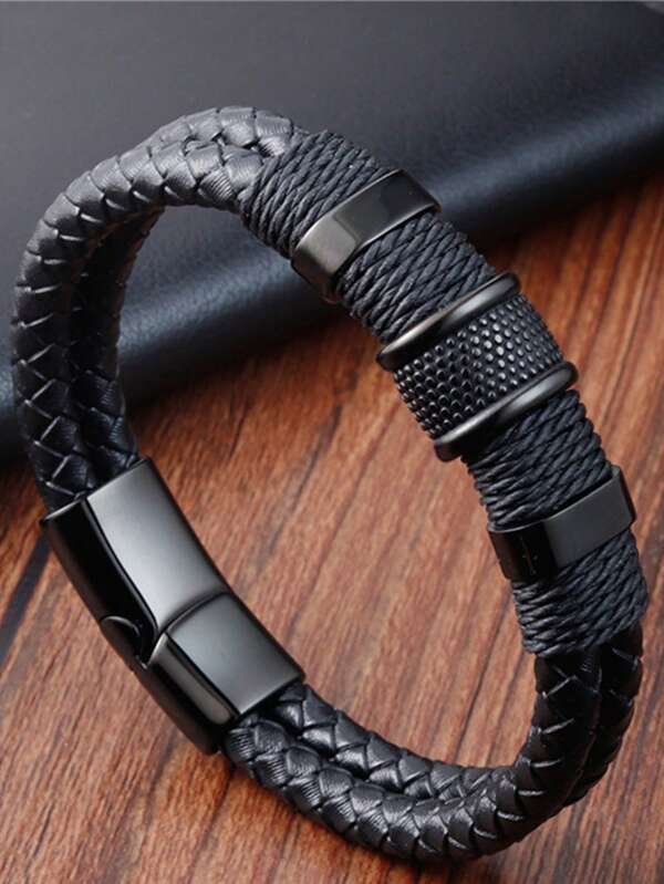 Fashionable Simple Woven Double Layer Leather Cord Bracelet For Men, Magnetic Clasp Leather Wristband Jewelry
