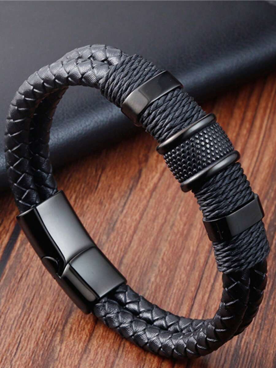 Fashionable Simple Woven Double Layer Leather Cord Bracelet For Men, Magnetic Clasp Leather Wristband Jewelry