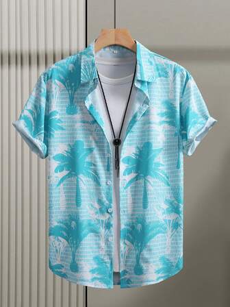 男士翻领纽扣前热带植物印花休闲短袖衬衫，夏季