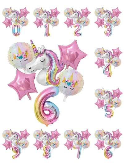 6pcs Unicorn Theme Gradient Color 32-Inch Foil Balloons Set, Including 0-9 Numbers, For Birthday Party Decoration, Back To School Valentine Day