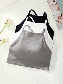 3 件装可调节挂脖式少女文胸，无缝舒适极简无钢圈内衣，轻薄衬垫，吸湿排汗低敏面料，中等弹力透气薄针织吊带背心，适合日常穿着，防滑包边，隐形贴合，适合 13-16 岁女孩。