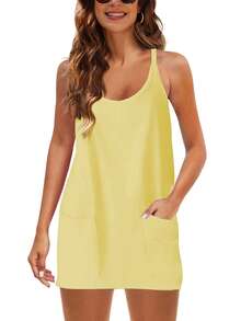 Women Athletic Mini Dresses Built-In Shorts Set Summer Sleeveless Sundress Hot Shot Mini Dress - 黃色 - 查看 3