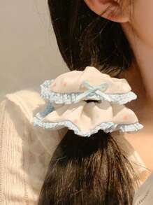 1pc Blue Bowknot Lace Trim Hair Scrunchie, Korean Style Large Messy Bun Hair Tie, Polyester Scrunchies Scrunchy Hair Ties