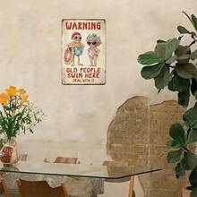 Country Style 8X 12inch Metal Sign, Suitable For Swimming Pools, Humorous Design With The Words 'Seniors Swim Here'. This Chinese Ancient Stylegrids Ornament Features Fun Characters And Is Suitable For Indoor And Outdoor Use. It Is A Durable Wall Art Piece That Is Very Perfect. - Multiple - View 4