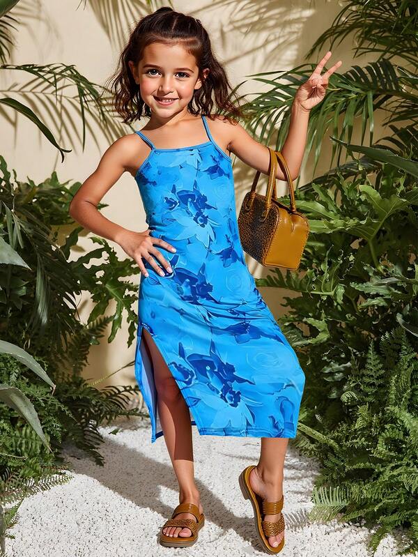 Seven Princess Sommer neues Kleine Mädchenkleid im Blume Muster mit offenem Schlitz und Trägern, für Lässig, Urlaub, Party, Outdoor-Tragen