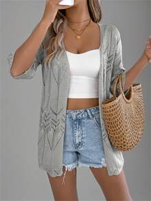 New Summer Hollow Out Short Sleeve Knit Cardigan, Vacation Beach Cover-Up Thin Jacket For Women - Grey - View 5