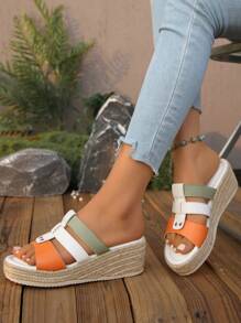 Women's Summer Fashion Platform Wedge Sandals With Modern Color Block Patchwork Strap Upper, Rivet Decor, Rope Sole, Comfortable, Elegant Classic Casual Vacation Chic Platform Sandals
