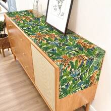 1pc Green Plant & Leopard Printed Table Runner, Suitable For Festivals, Parties, Birthdays, Dinners, Kitchen, Dining Room, Room Decor, Home Textile Decoration, All Seasons