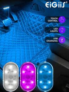EIGIIS 1/2pcs Wireless Car Interior LED Lights, 6 High Brightness LED Beads, Portable USB Rechargeable, 5 Color Options - Multicolor - View 2